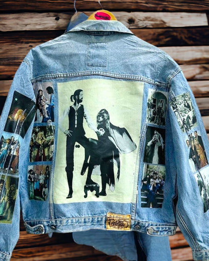 a denim jacket with pictures of fleetwood mac printed on it