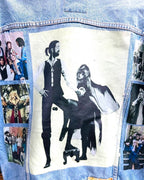 a denim jacket with pictures of fleetwood mac printed on it