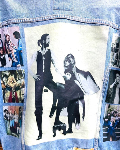 a denim jacket with pictures of fleetwood mac printed on it