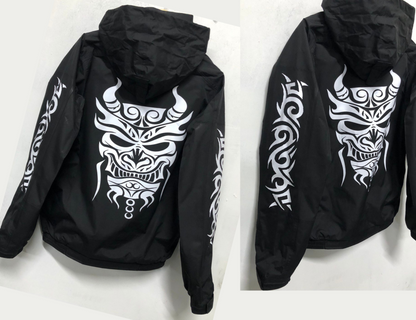 Customized Fleece Lined Bomber Jacket with Tribal Demon Design – Stylish and Warm Outerwear in Various Sizes