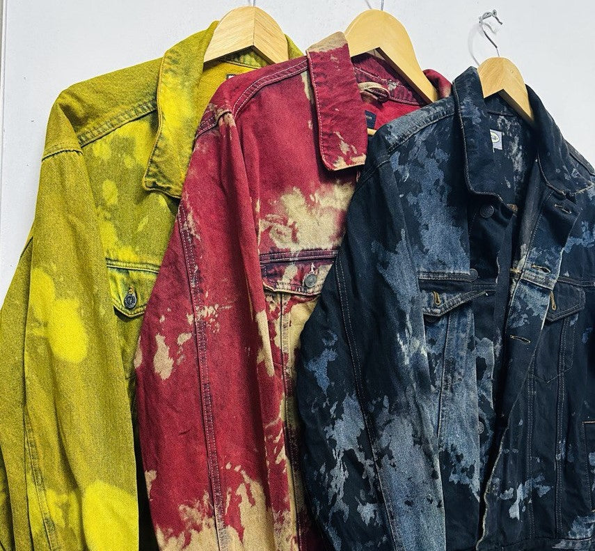 Vintage 80s and 90s Men's Trucker Bleached Denim Jackets - Black - Yellow-Red- Green Colour And Various Size