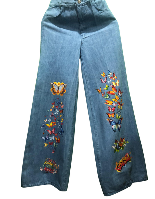 Customized Wide-Leg Denim Jeans with Butterfly Print – Trendy, Artistic, and Comfortable