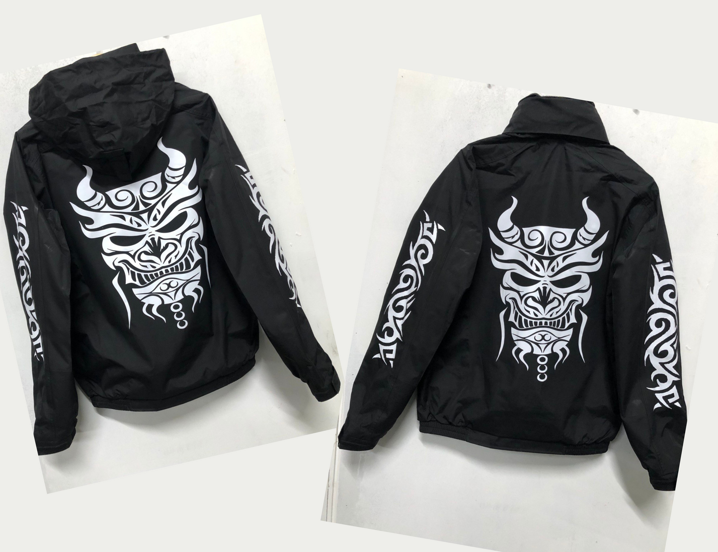 Customized Fleece Lined Bomber Jacket with Tribal Demon Design – Stylish and Warm Outerwear in Various Sizes