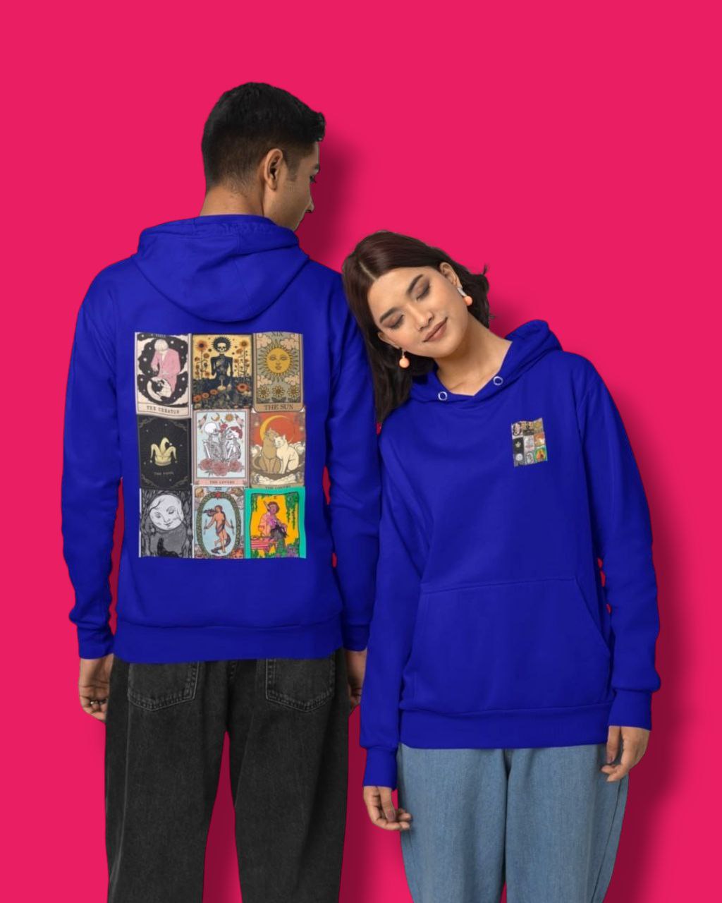 a picture of a girl wearing a blue tarrot card  hoodie