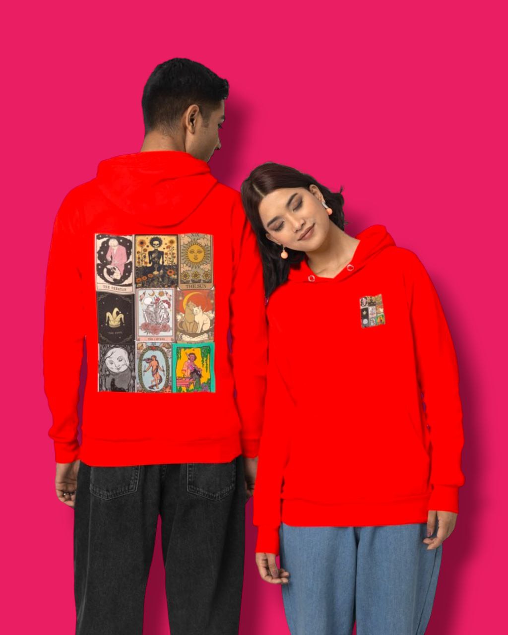 a picture of a girl wearing a red tarrot card  hoodie