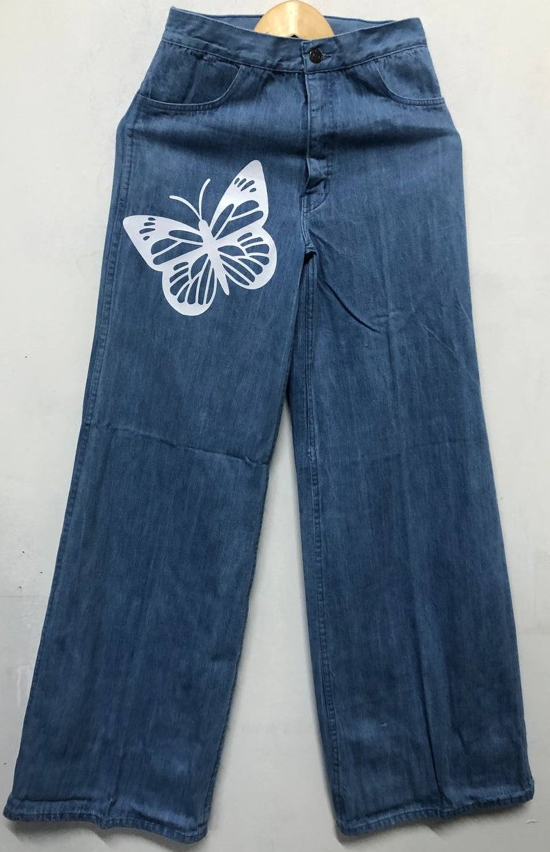 Customized Wide-Leg Denim Jeans with Butterfly and Graffiti Print – Trendy, Artistic, and Comfortable