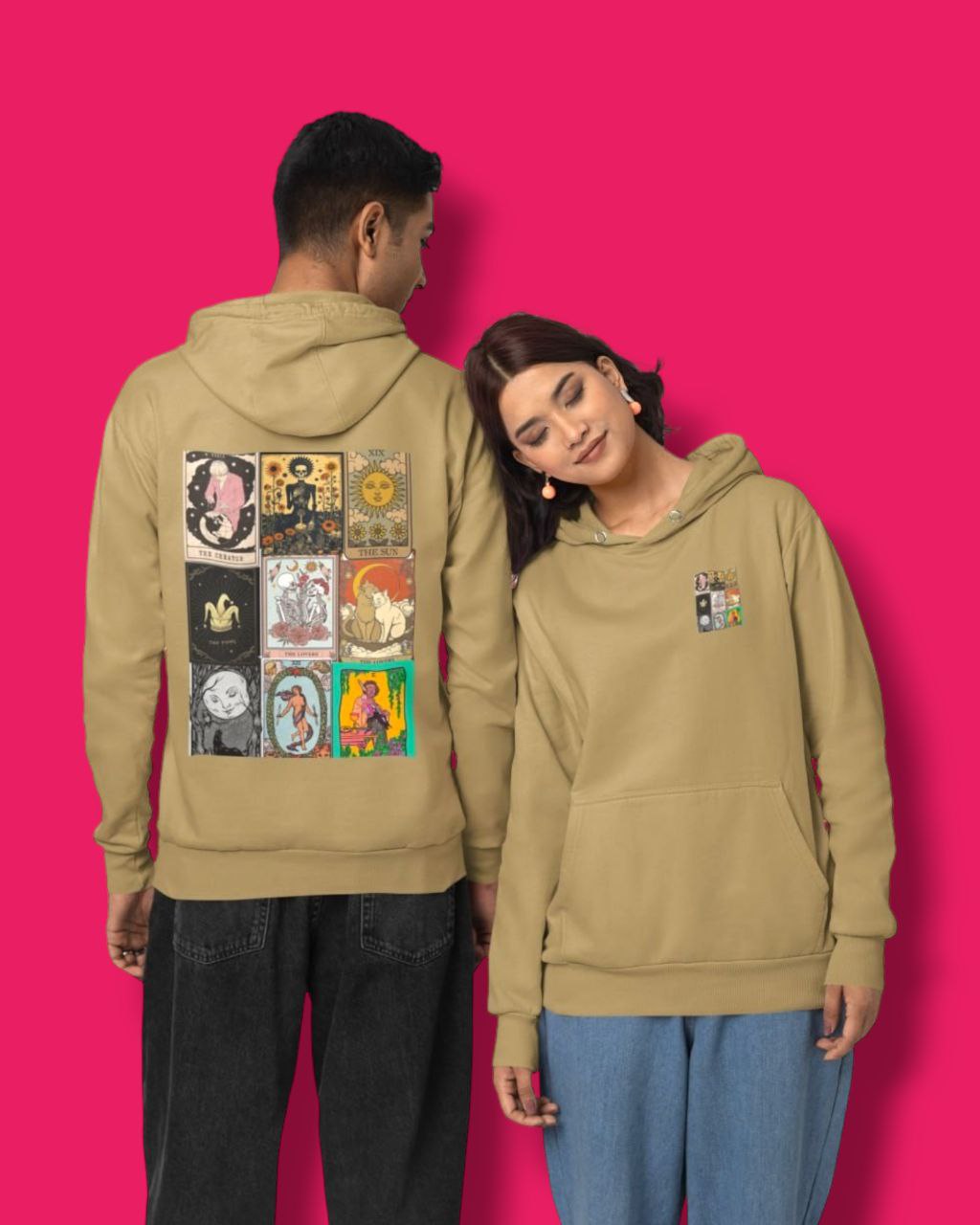 a picture of a girl wearing a beige tarrot card  hoodie