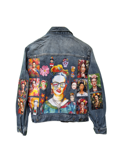 Denim jacket with artistic portraits and floral designs on a white background