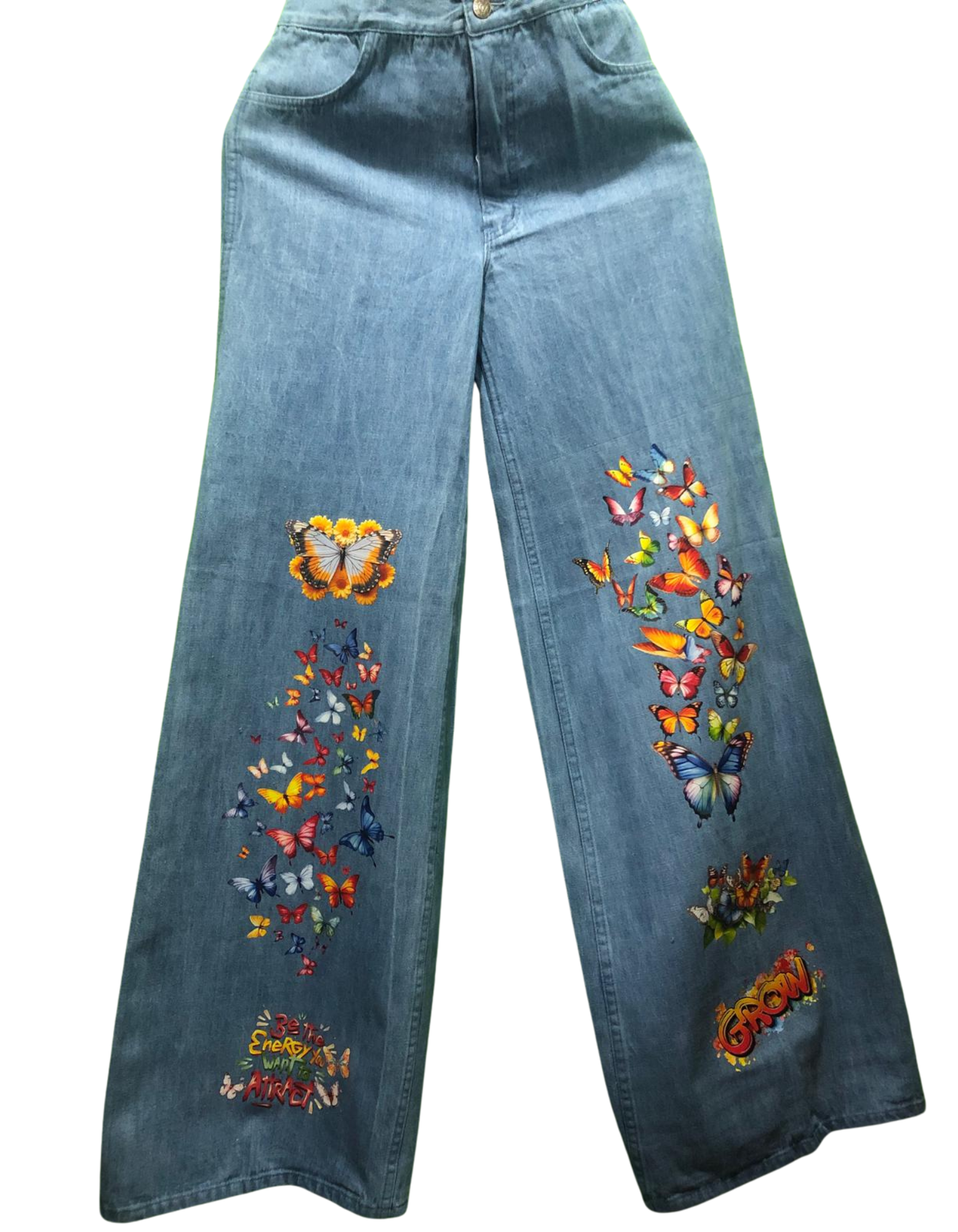 Blue jeans with colorful butterfly embroidery on a white background