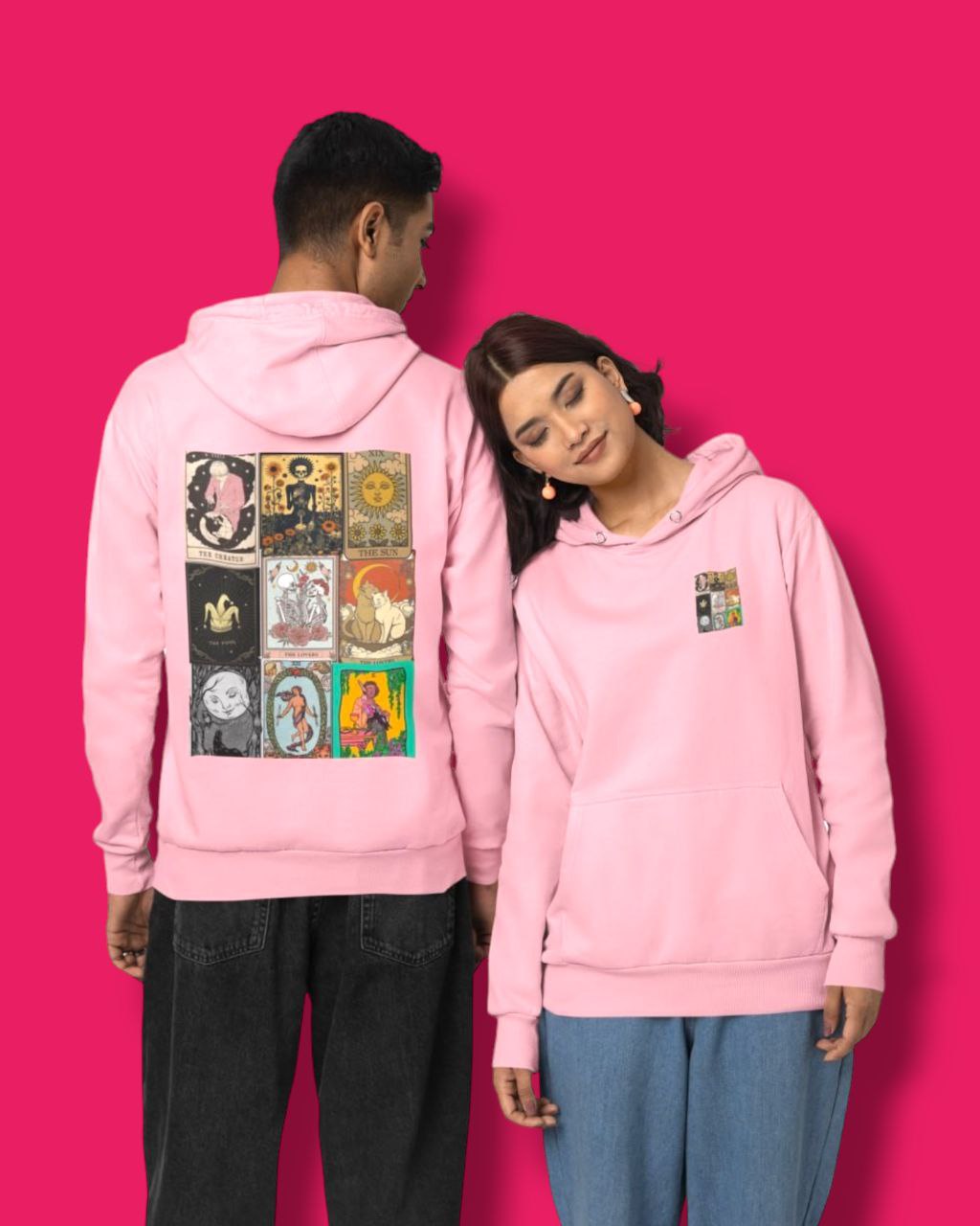 a picture of a girl wearing a pink tarrot card  hoodie