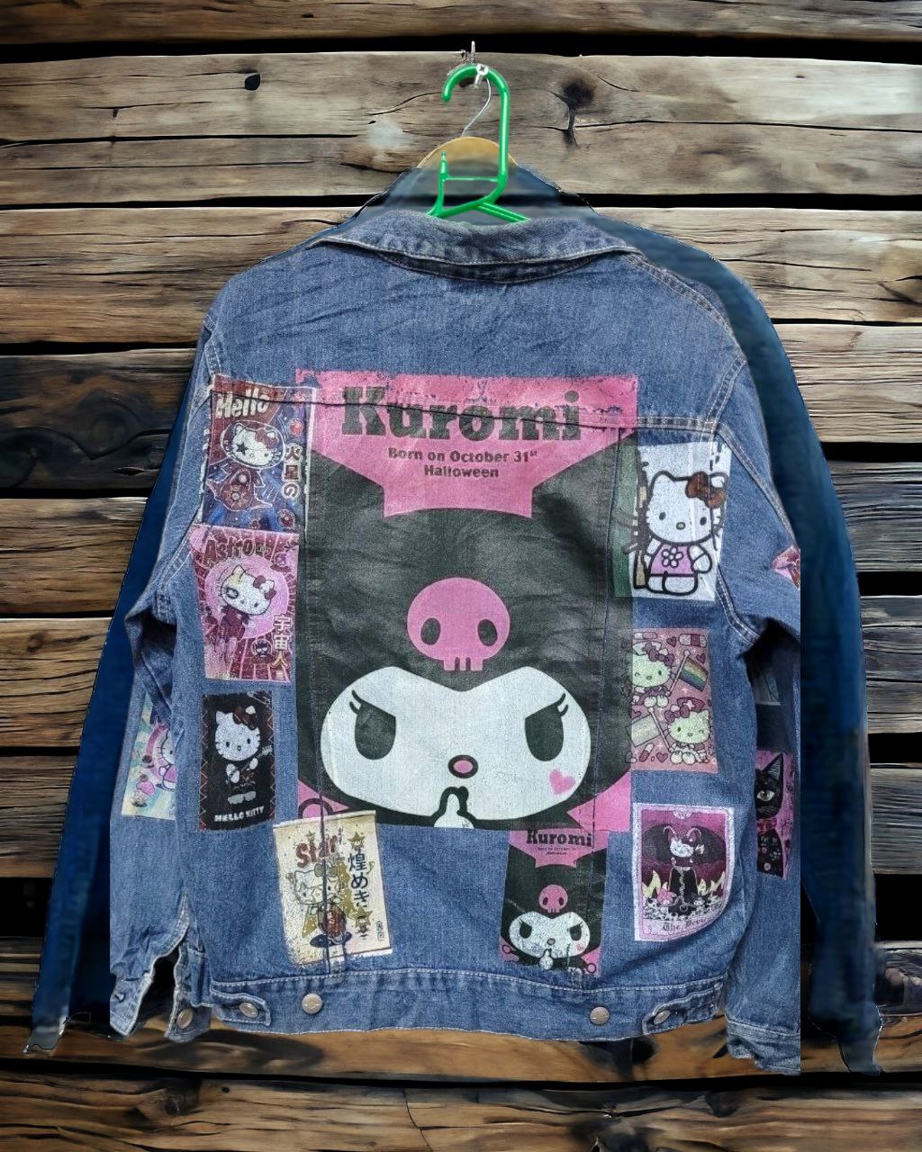 a picture of hello kitty karumi printed on a denim jacket 