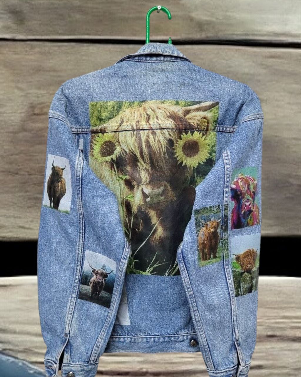 a denim jacket with pictures of  himalayan cow printed on it