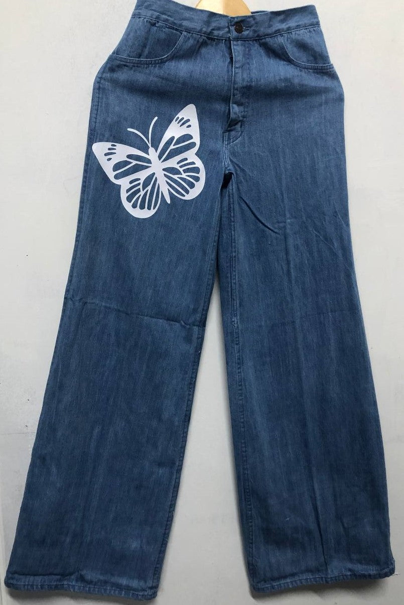 Customized Wide-Leg Denim Jeans with Butterfly and Graffiti Print – Trendy, Artistic, and Comfortable