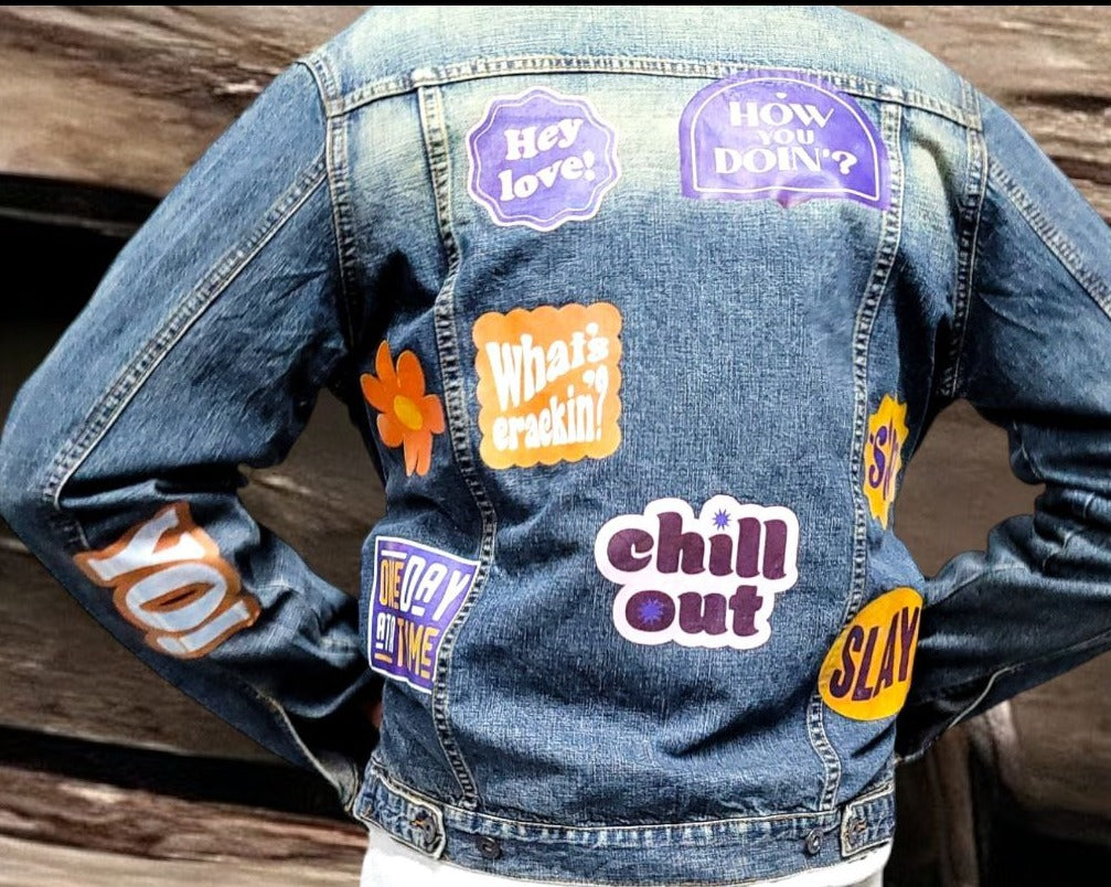 Vintage Custom Denim Trucker Jacket  Cool Quotes  80s 90s Style  S-XXL