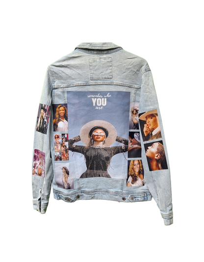 Denim jacket with a collage of photos and text on a white background