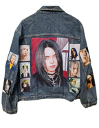 Denim jacket with a collage of portraits on the back