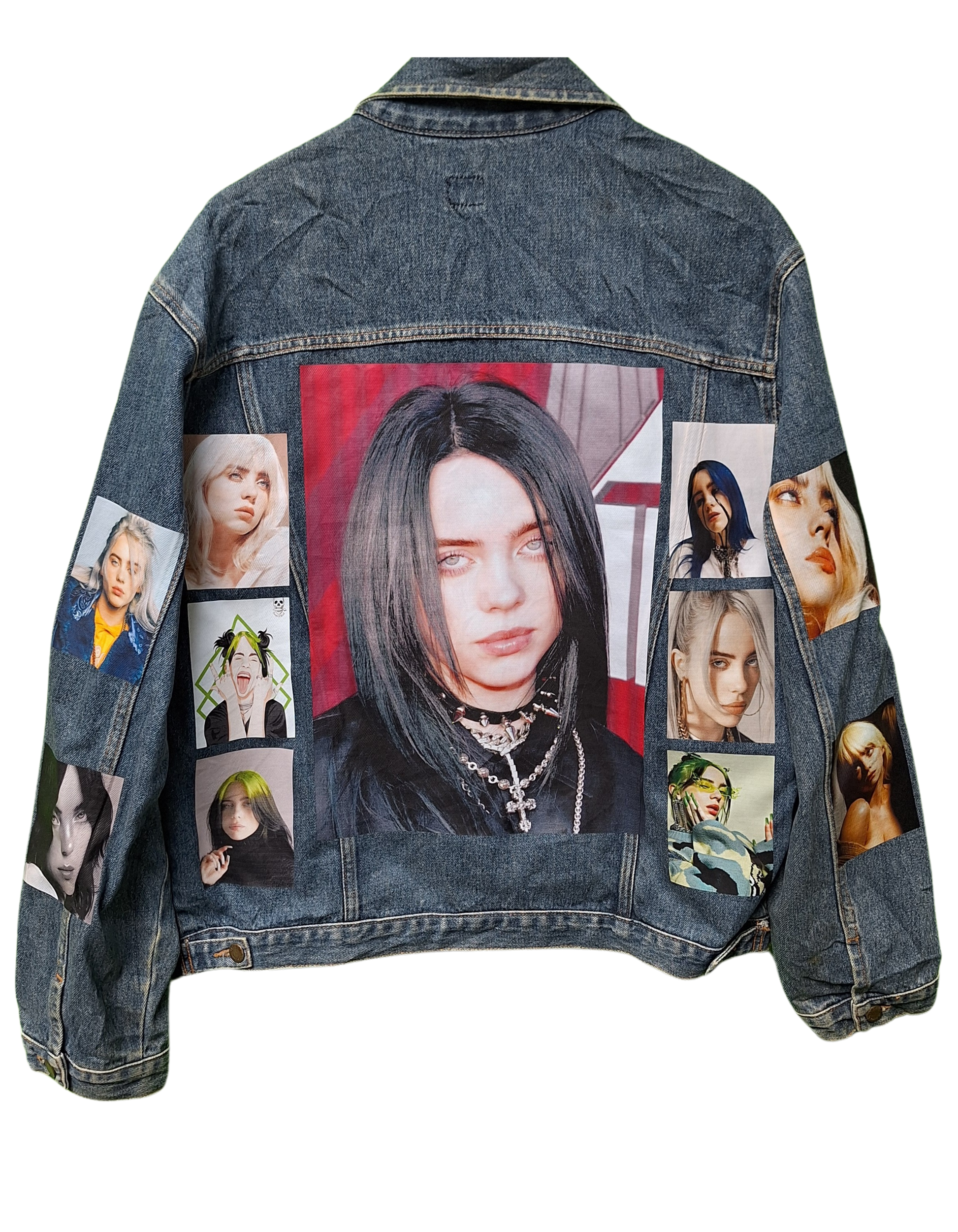 Denim jacket with a collage of portraits on the back