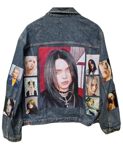 Denim jacket with a collage of portraits on the back