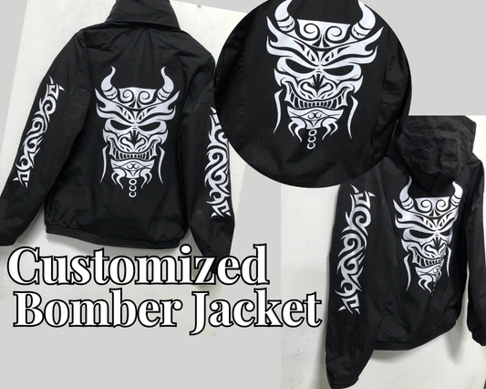 Customized Fleece Lined Bomber Jacket with Tribal Demon Design – Stylish and Warm Outerwear in Various Sizes