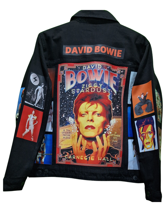 David Bowie Customised Black Denim Jacket l Printed Black Denim Jacket