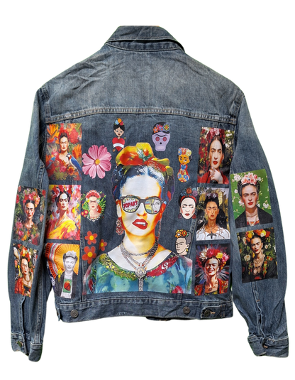 Denim jacket with artistic portraits and floral designs on a white background