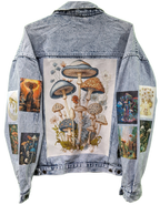 Denim jacket with mushroom-themed patchwork design on a white background