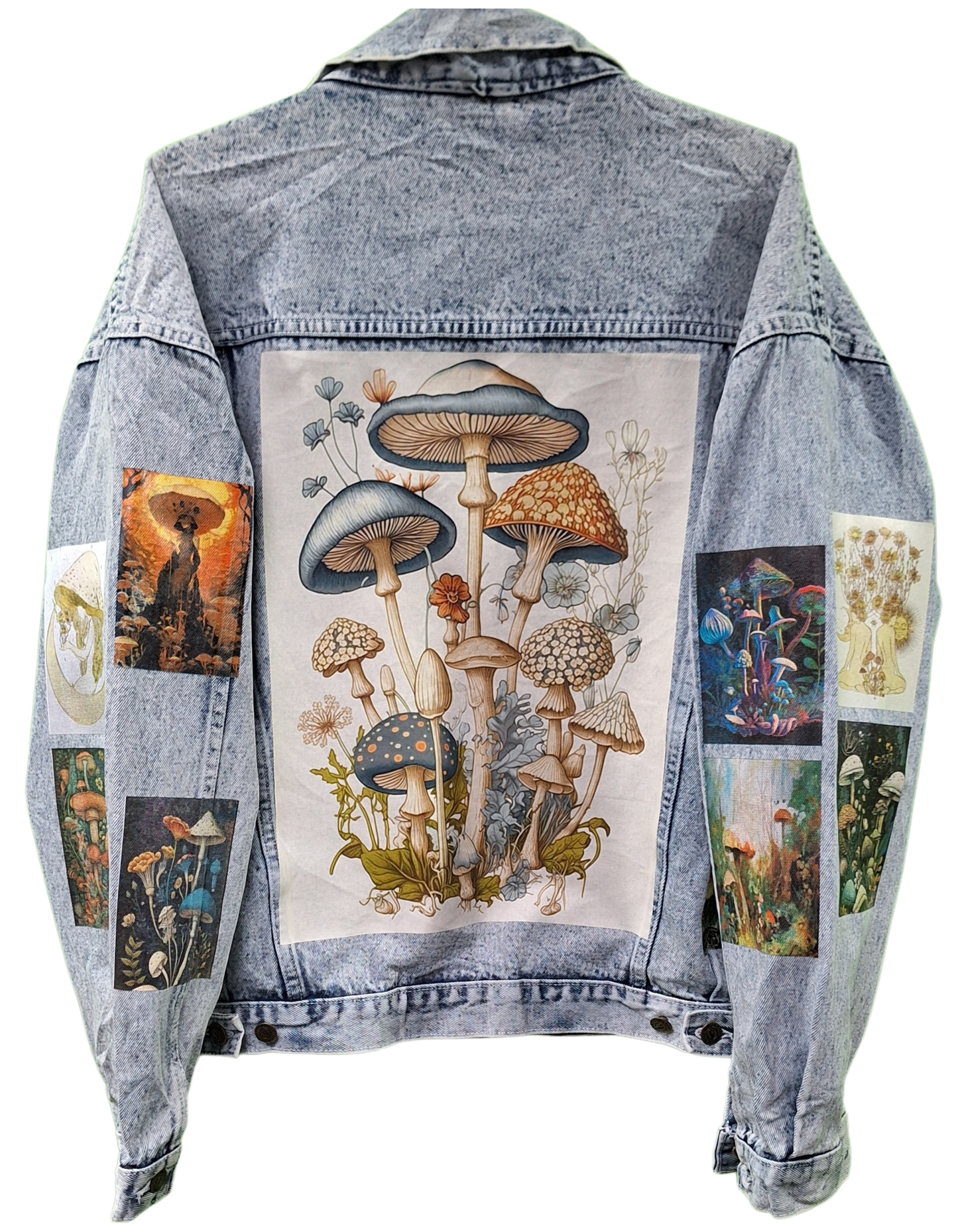 Denim jacket with mushroom-themed patchwork design on a white background