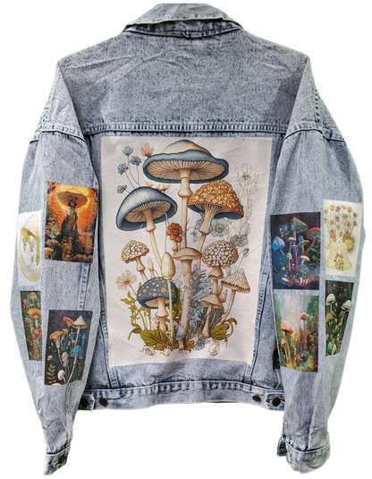 Denim jacket with mushroom-themed patchwork design on a white background