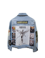Denim jacket with Nirvana graphic design on a white background