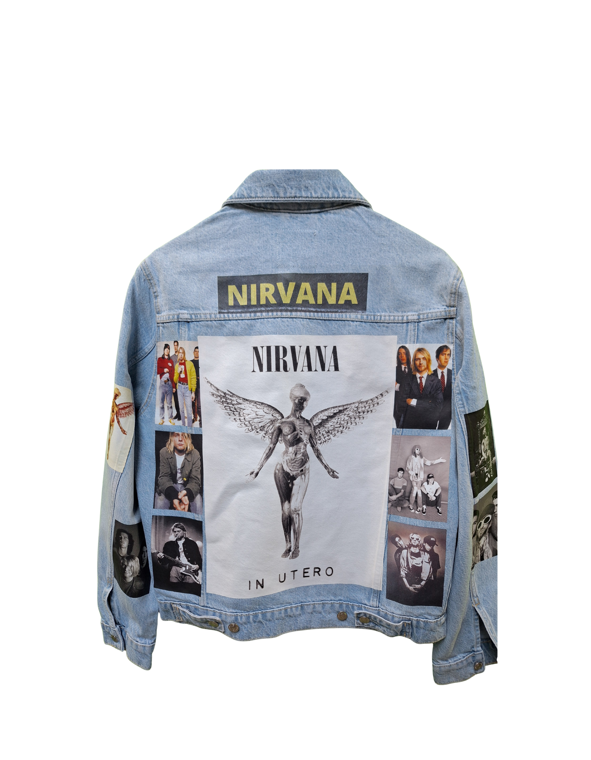 Denim jacket with Nirvana graphic design on a white background