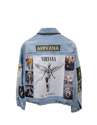 Denim jacket with Nirvana graphic design on a white background