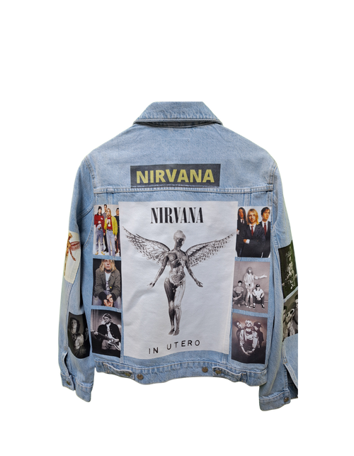 Denim jacket with Nirvana graphic design on a white background