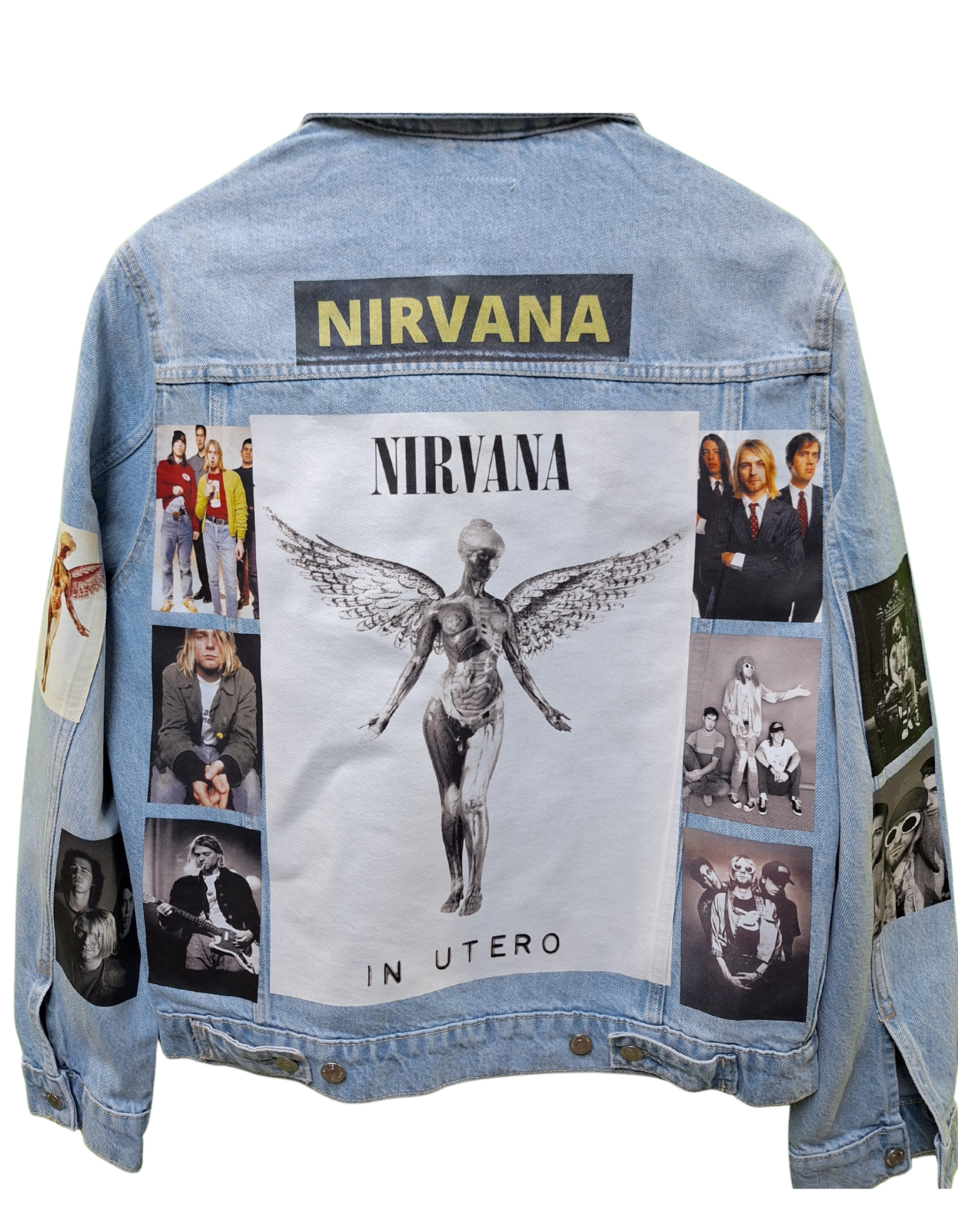 Denim jacket with Nirvana album cover and images on a white background