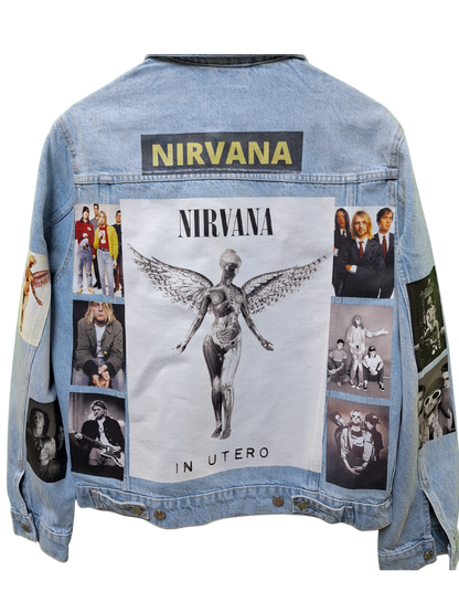 Denim jacket with Nirvana album cover and images on a white background