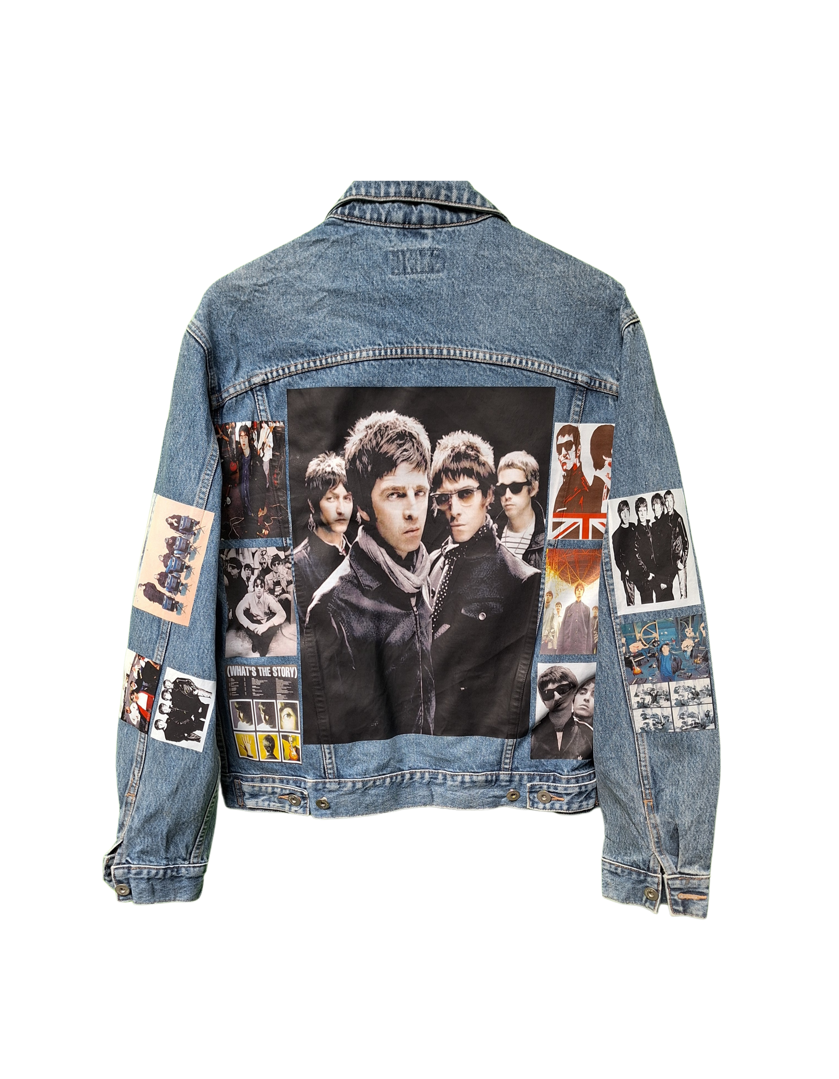 Denim jacket with a collage of images on the back, featuring a band.