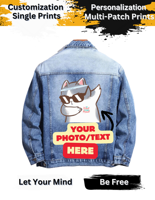 A to Z Your Designs / Text Vintage Denim Jacket Graphic design Iron On Mens Womens Kids