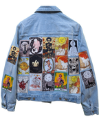 Denim jacket with tarot card designs on a white background