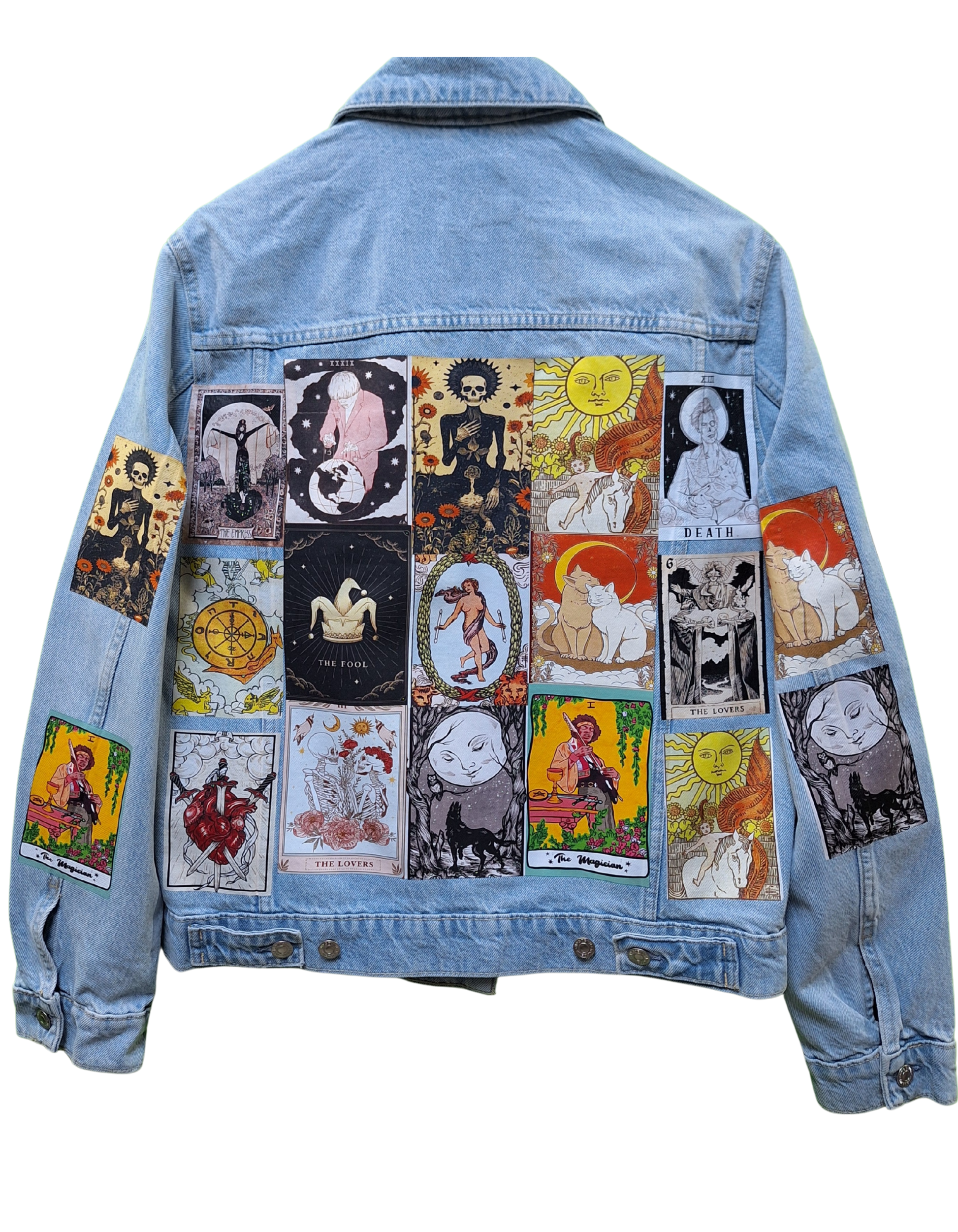 Denim jacket with tarot card designs on a white background