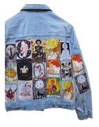 Denim jacket with tarot card designs on a white background