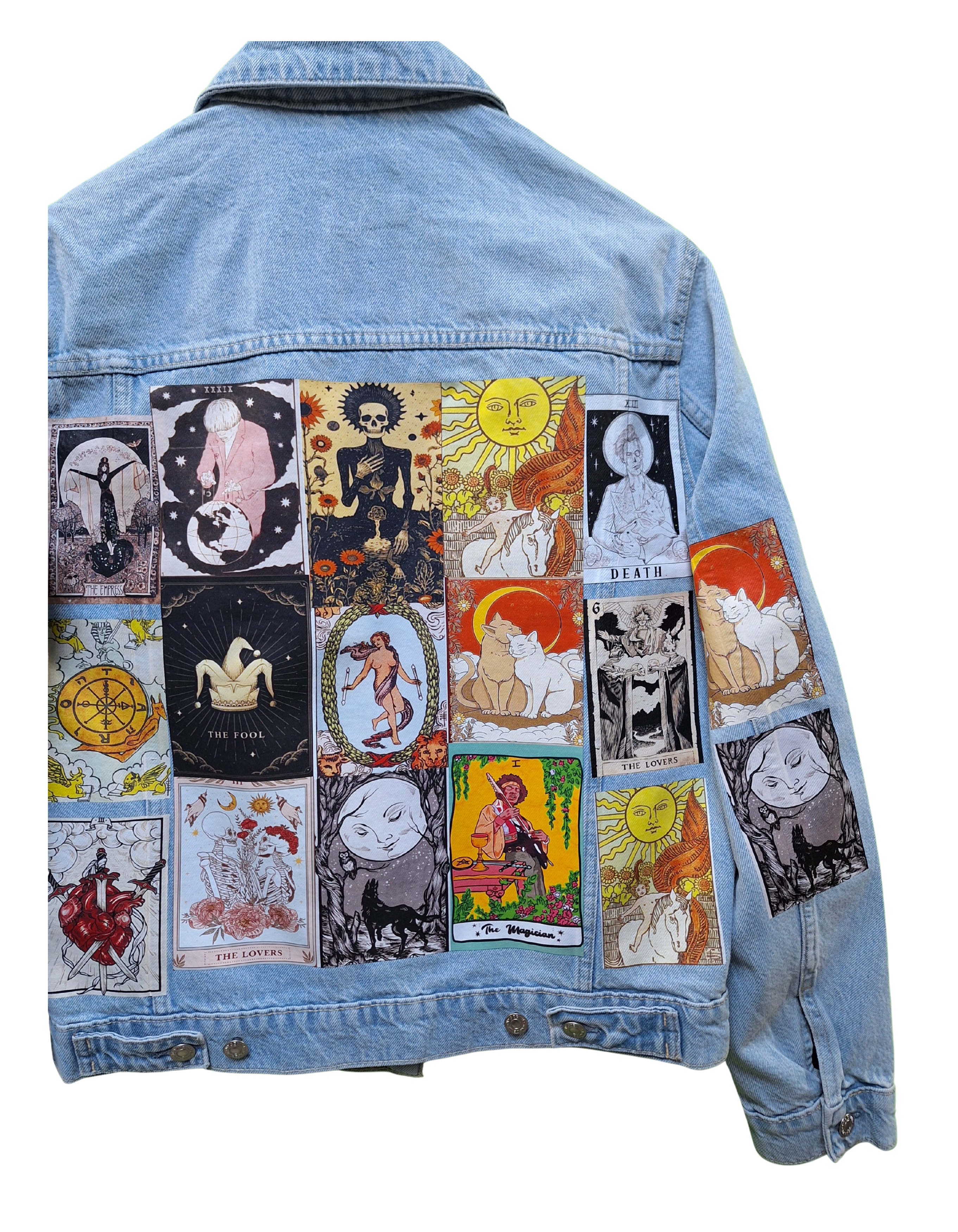 Denim jacket with tarot card designs on a white background