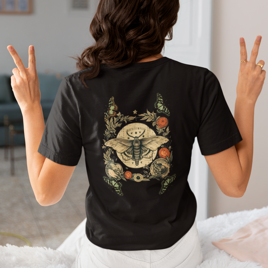 a picture of a woman wearing a black Bohemian moth t - shirt 