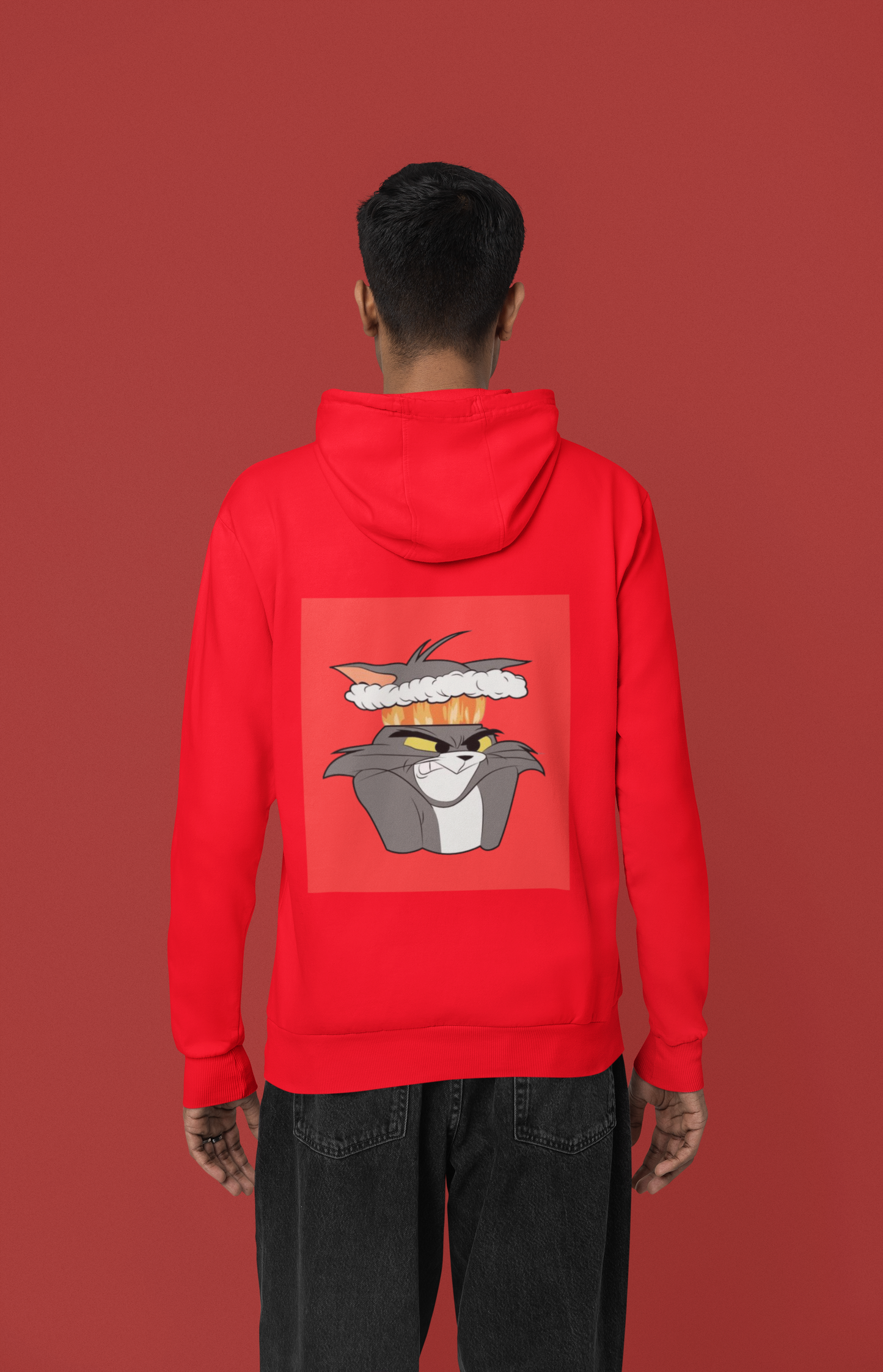 a picture of a man wearing a red tom Cartoon from tom and gerry hoodie