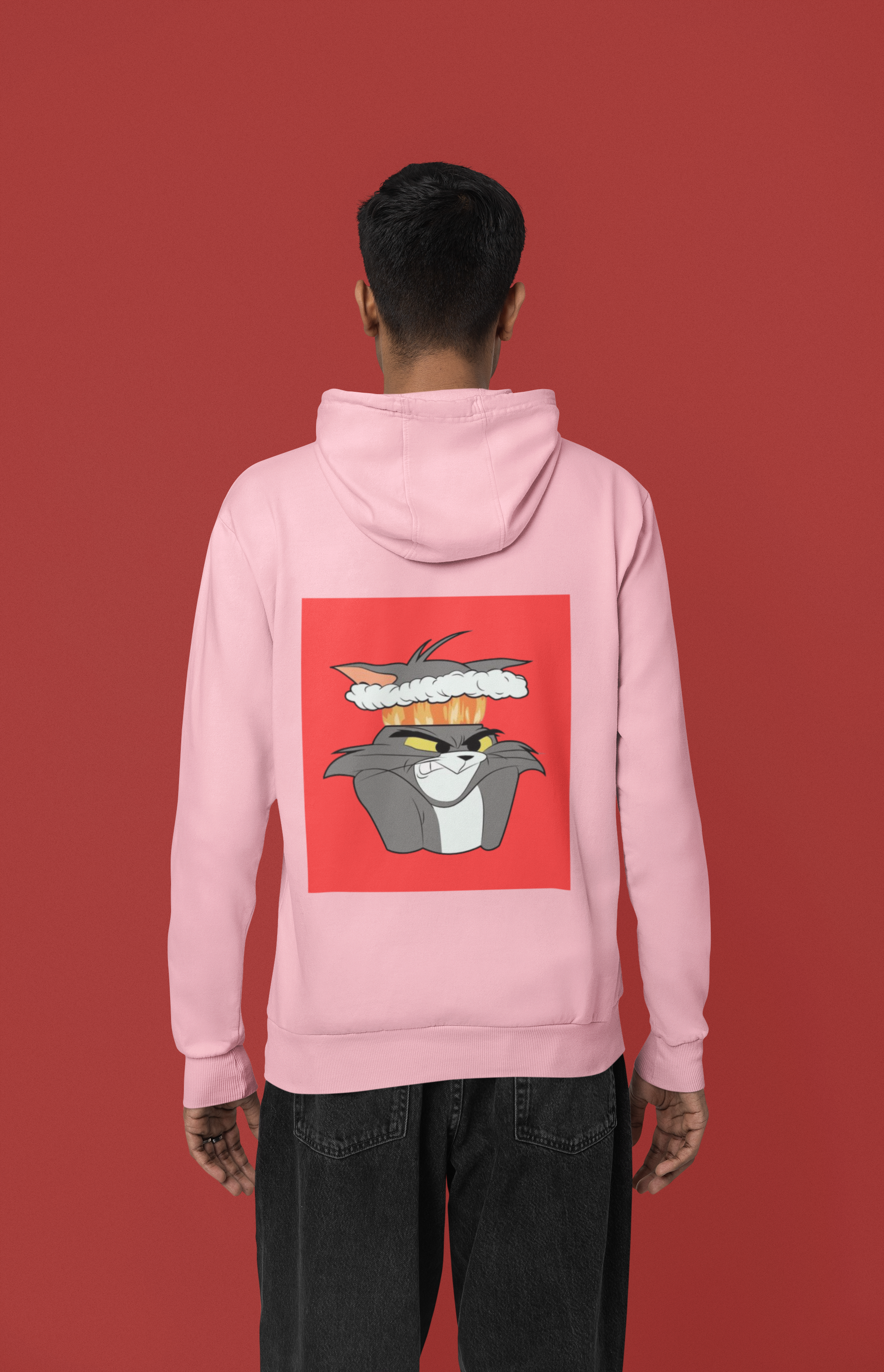 a picture of a man wearing a pink tom Cartoon from tom and gerry hoodie