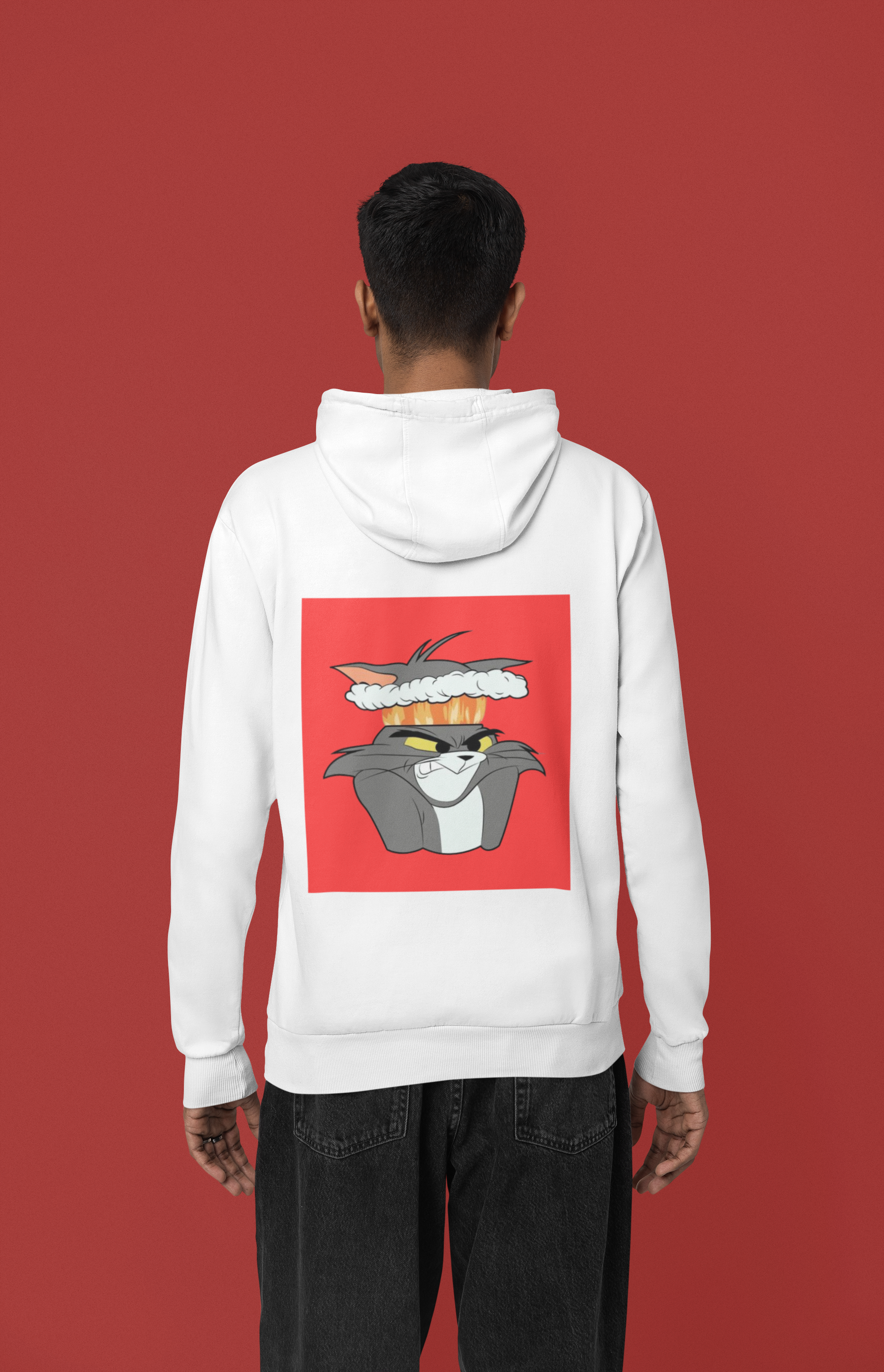 a picture of a man wearing a white tom Cartoon from tom and gerry hoodie