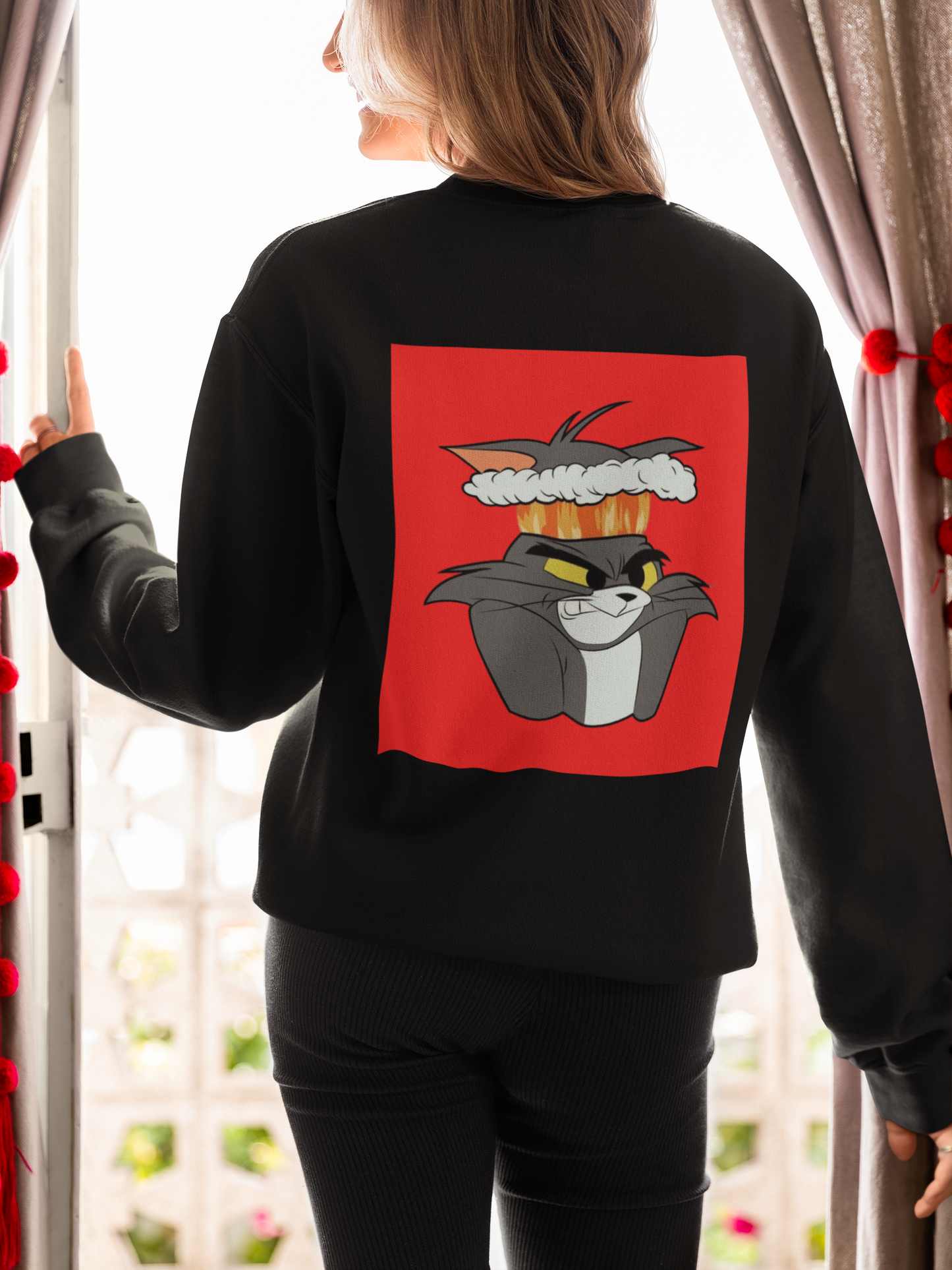 a picture of a woman wearing a black tom Cartoon from tom and gerry Sweatshirt