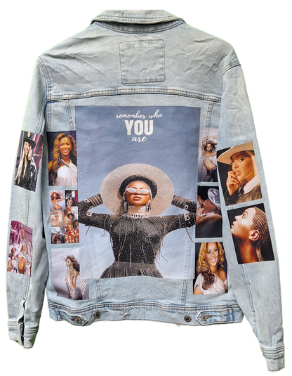 Denim jacket with a collage of images and 'remember who YOU are' text on a white background