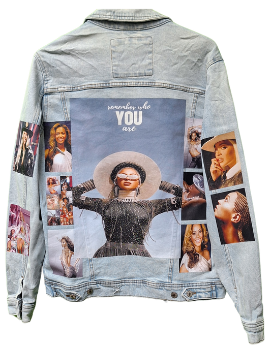 Denim jacket with a collage of images and 'remember who YOU are' text on a white background