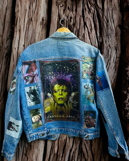 a denim jacket with pictures of david bowie printed on it