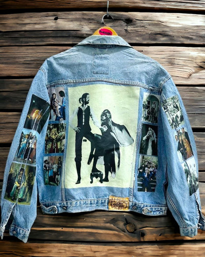 a denim jacket with pictures of fleetwood mac printed on it
