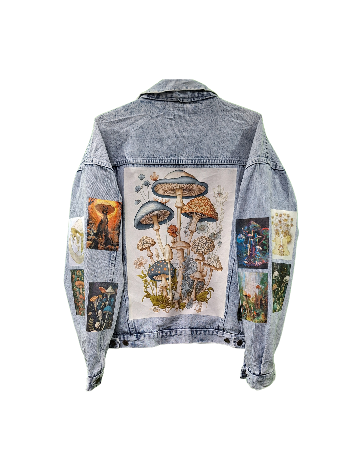Denim jacket with mushroom and vintage-style patch design on a white background